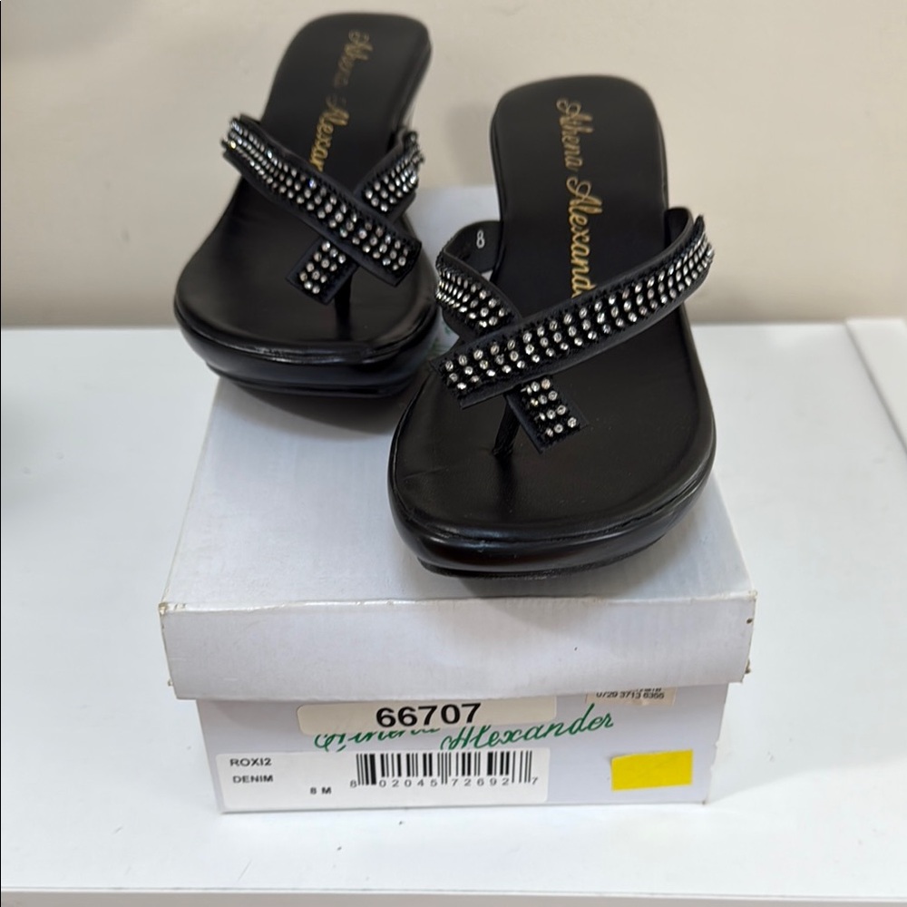 Athena Alexander Black Sandals with Striped Bow